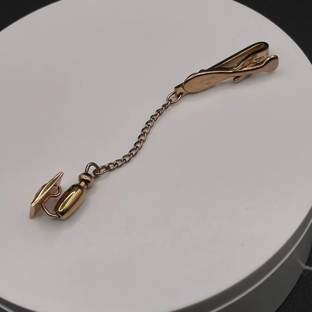 Vintage Gold Tone Dangling Fob Jockey Tie Clip Pin Rhinestone Accent Tie Bar